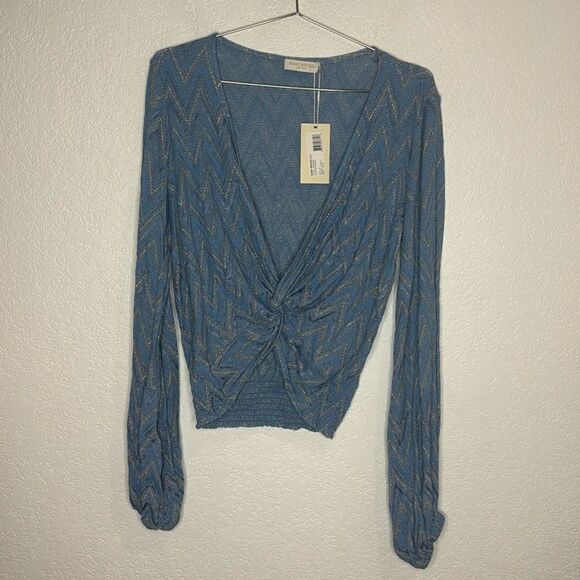 NWT Ramy Brook Chevron Dakota Twist-Front Crop Top Ocean Blue Medium - Picture 2 of 14